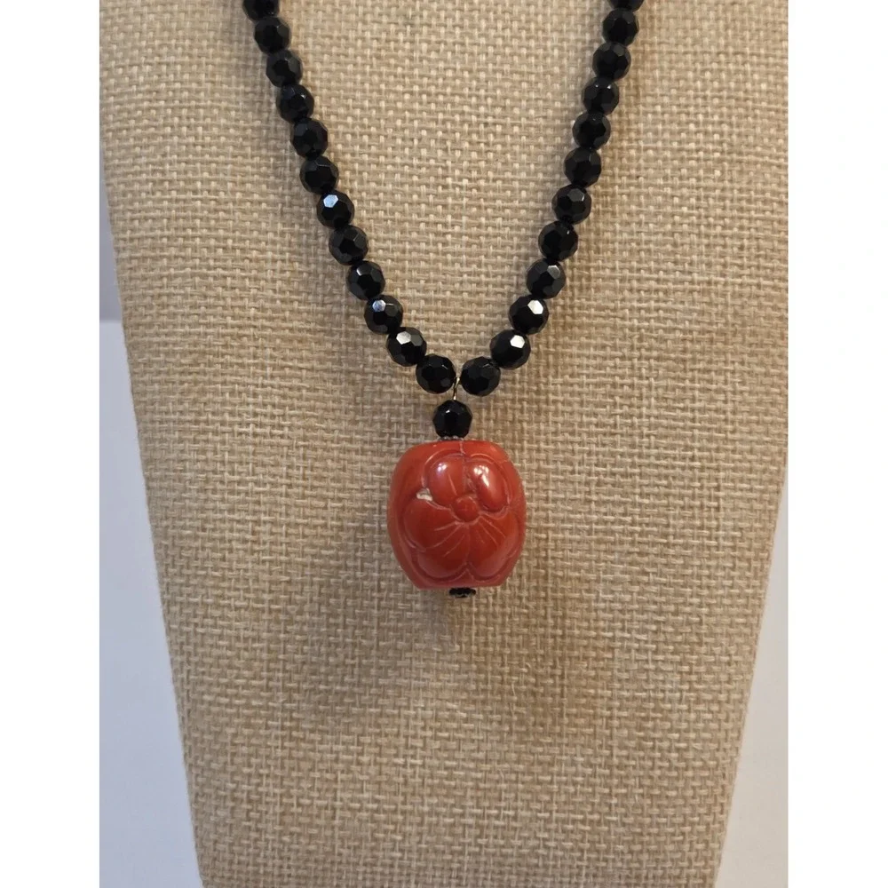 Vintage Carved Red Coral Pendant & Black Onyx Statement Necklace Sterling Silver